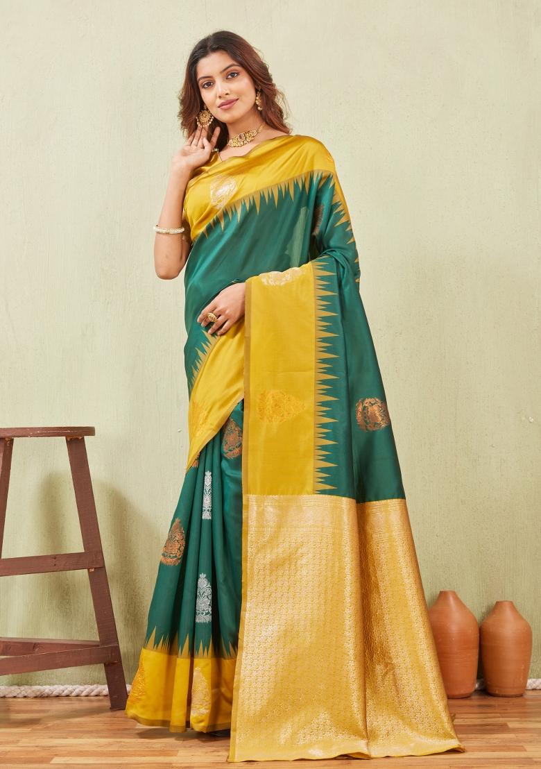 Yellow And Green Printed Pashmina Saree Set - Indya