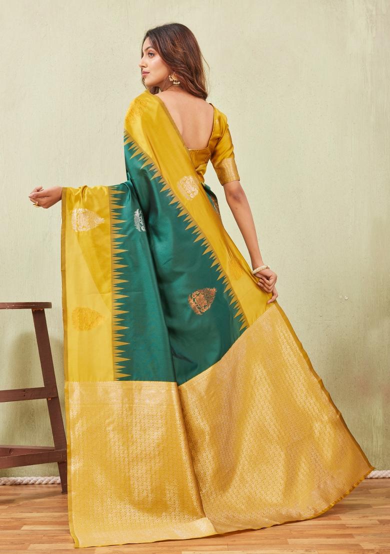 Yellow And Green Printed Pashmina Saree Set - Indya