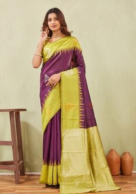 Yellow And Wine Printed Pashmina Saree Set