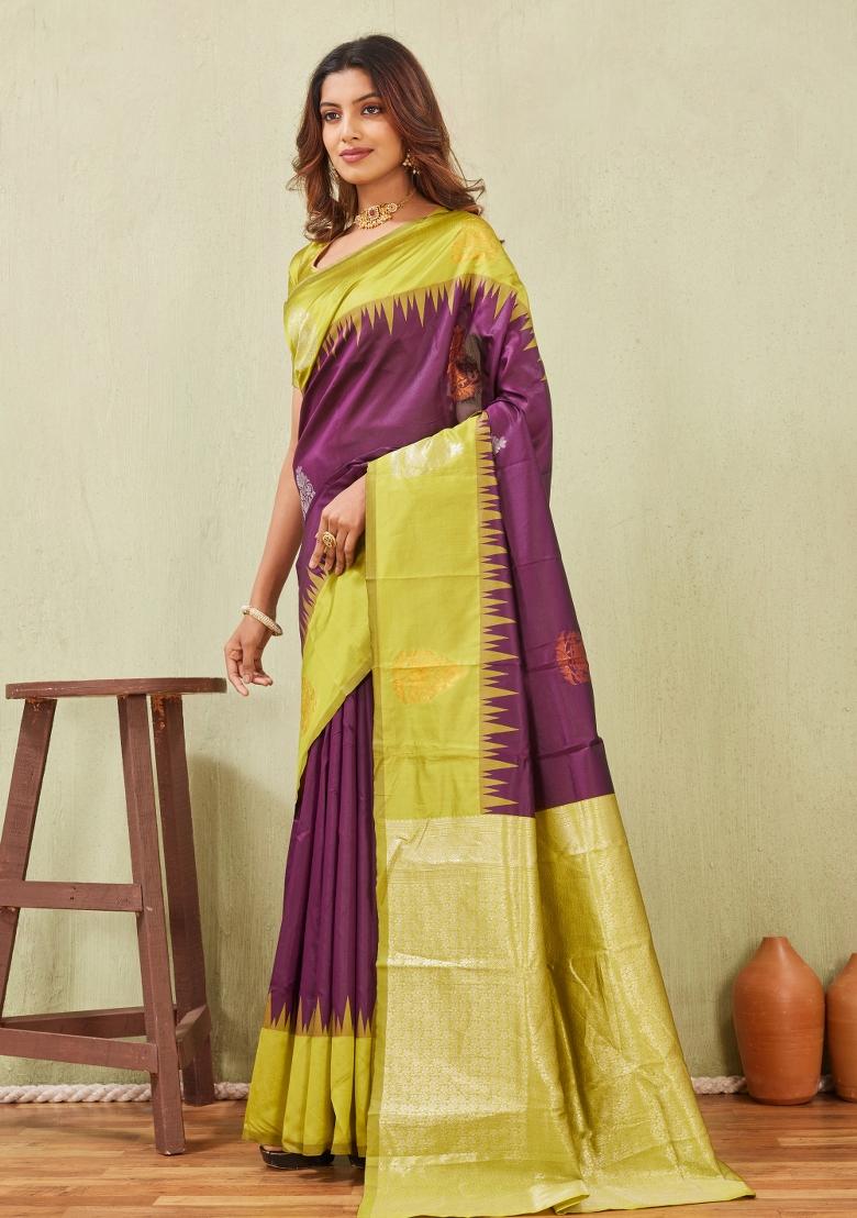 Yellow And Wine Printed Pashmina Saree Set - Indya
