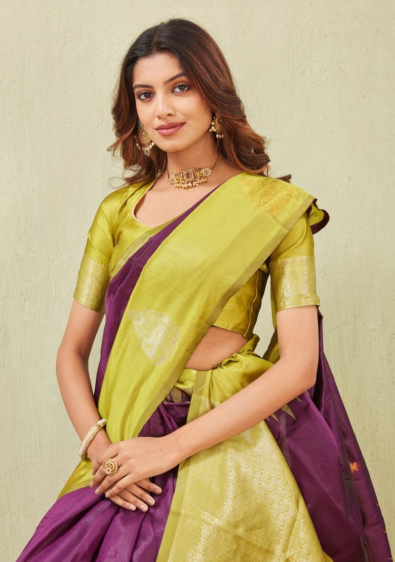 Yellow And Wine Printed Pashmina Saree Set - Indya