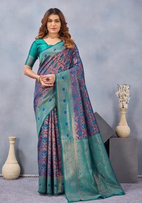 Turquoise Blue Printed Pashmina Saree Set