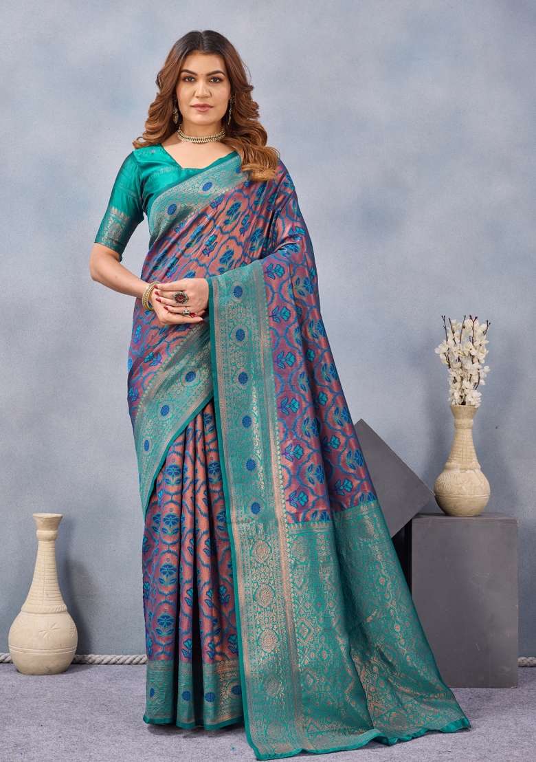 Turquoise Blue Pashmina Saree Set with Printed for Diwali | Wedding & Festive Wear - Indya