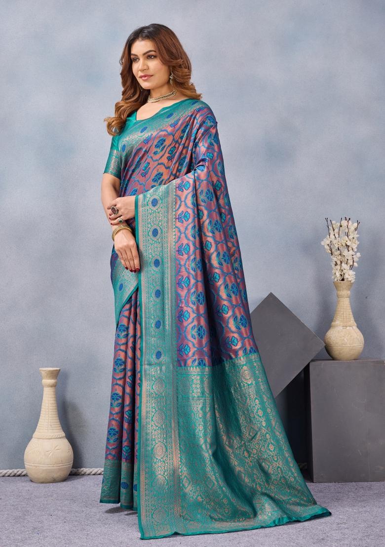 Turquoise Blue Printed Pashmina Saree Set - Indya