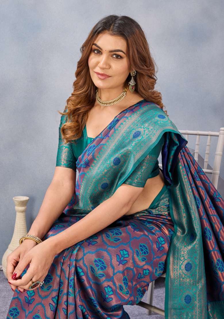 Turquoise Blue Pashmina Saree Set with Printed for Diwali | Wedding & Festive Wear - Indya