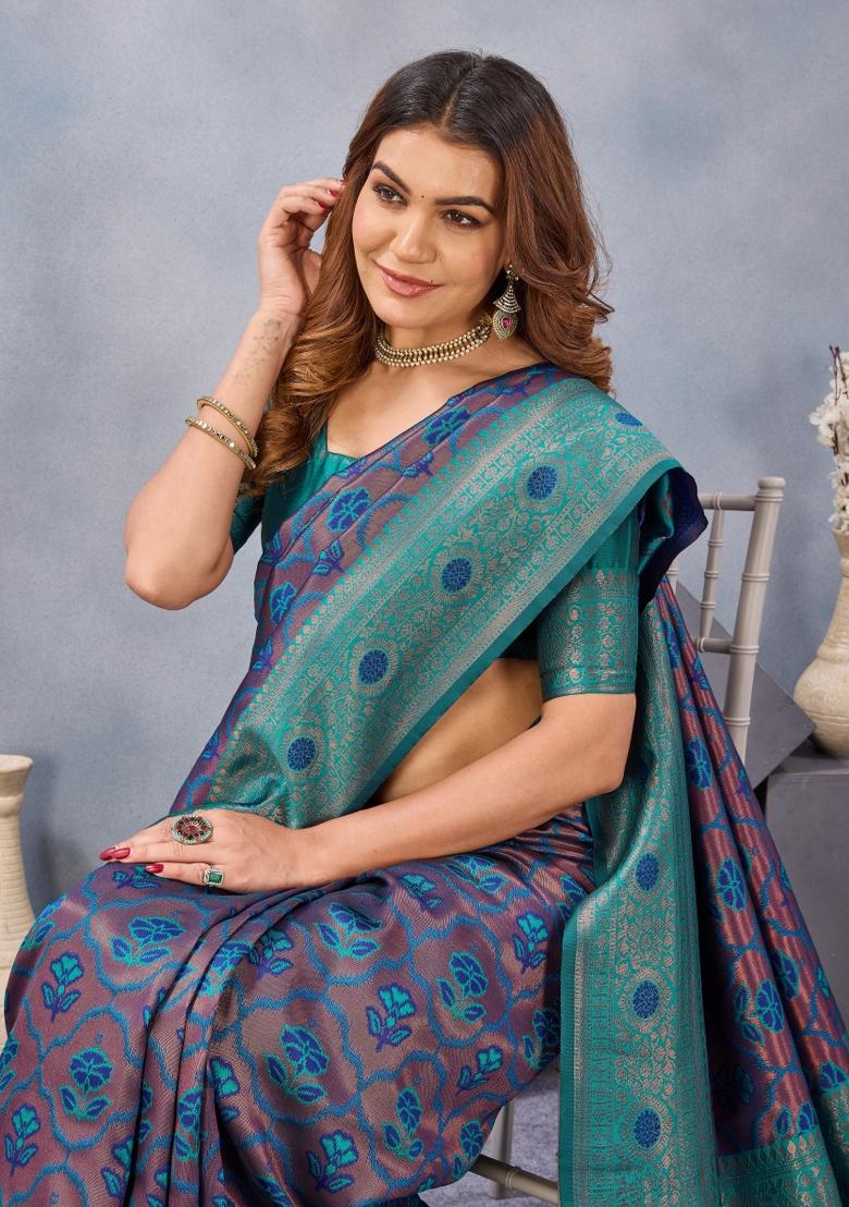 Turquoise Blue Printed Pashmina Saree Set - Indya
