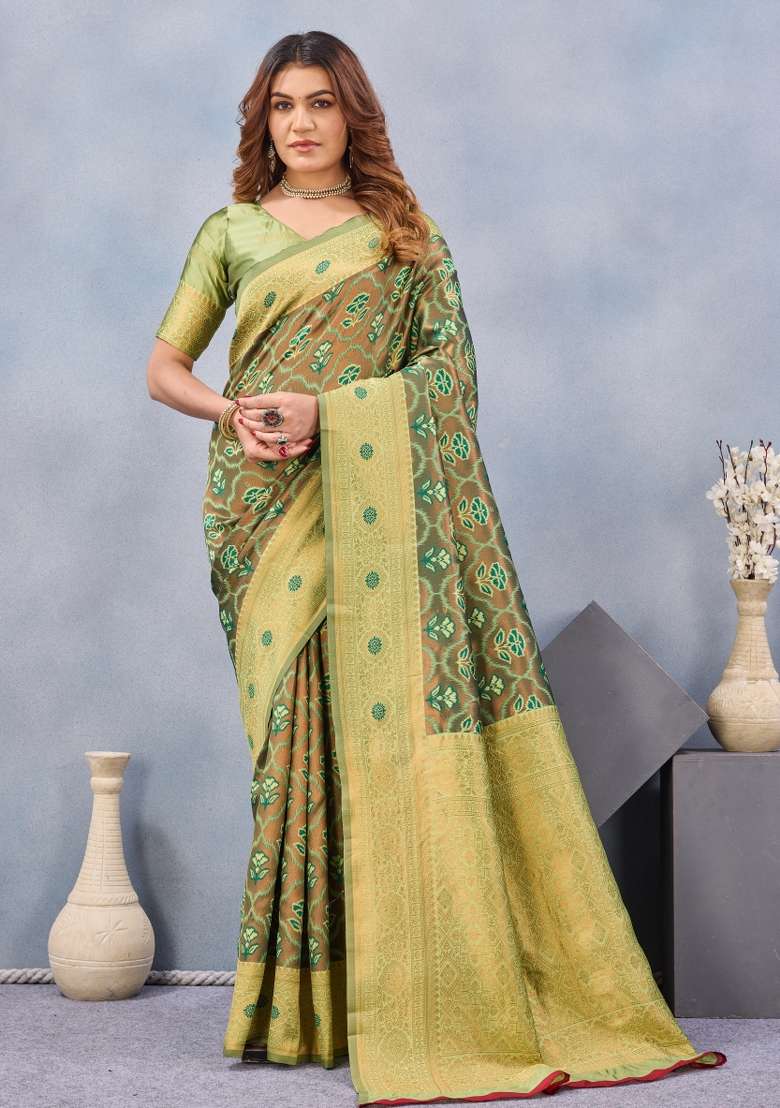 Green Pashmina Saree Set with Printed for Diwali | Wedding & Festive Wear - Indya