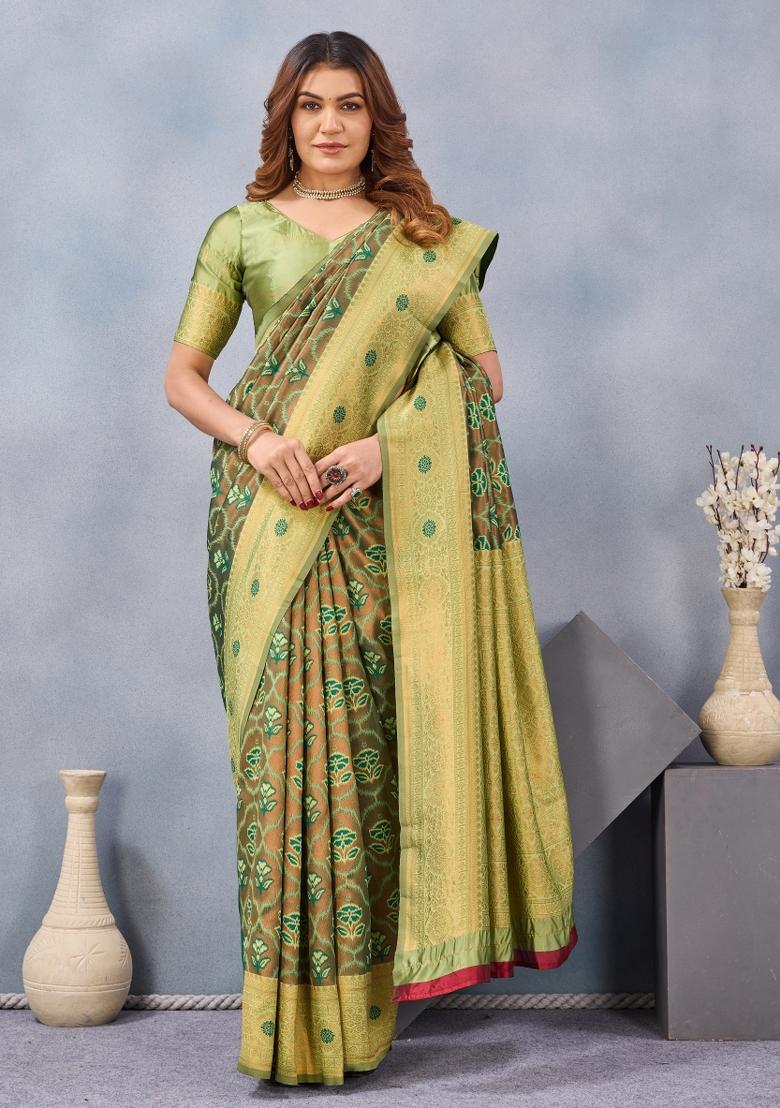 Green Printed Pashmina Saree Set - Indya
