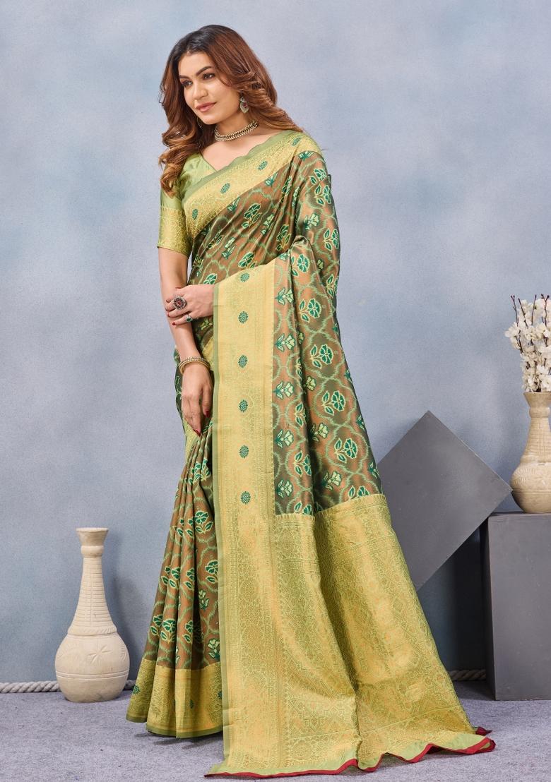 Green Printed Pashmina Saree Set - Indya
