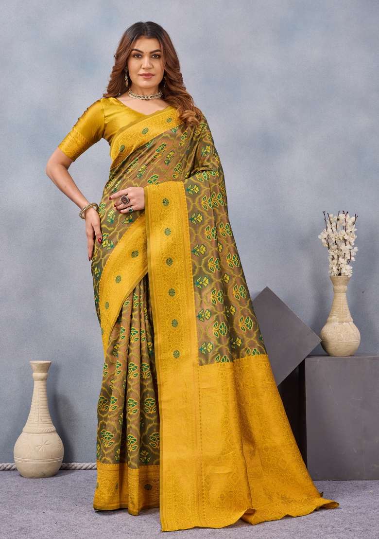 Green And Mustard Printed Pashmina Saree Set for Diwali and Festive Wear - Indya