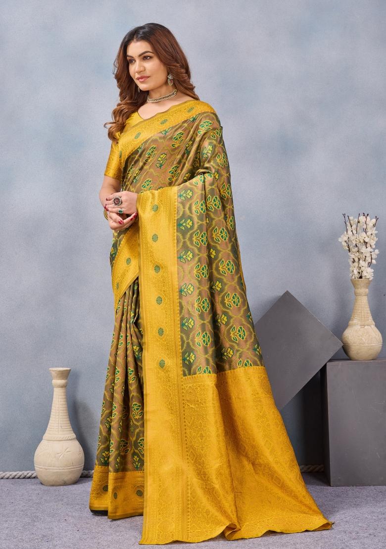Green And Mustard Printed Pashmina Saree Set - Indya