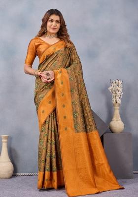 Green And Orange Printed Pashmina Saree Set