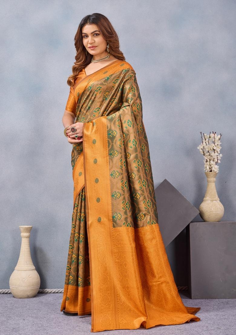 Green And Orange Printed Pashmina Saree Set - Indya