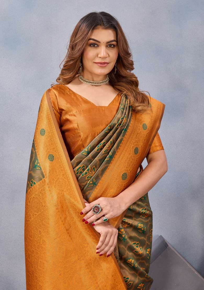 Green And Orange Printed Pashmina Saree Set for Diwali and Festive Wear - Indya