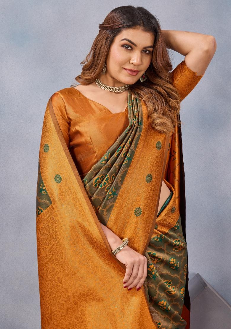 Green And Orange Printed Pashmina Saree Set - Indya