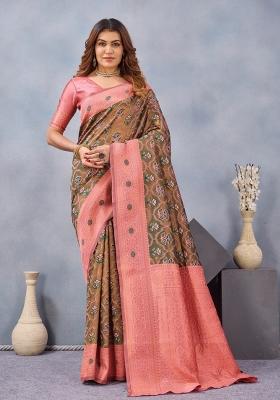 Green And Pink Printed Pashmina Saree Set