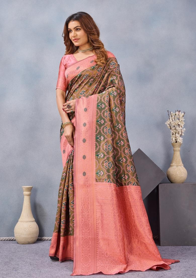 Green And Pink Printed Pashmina Saree Set - Indya