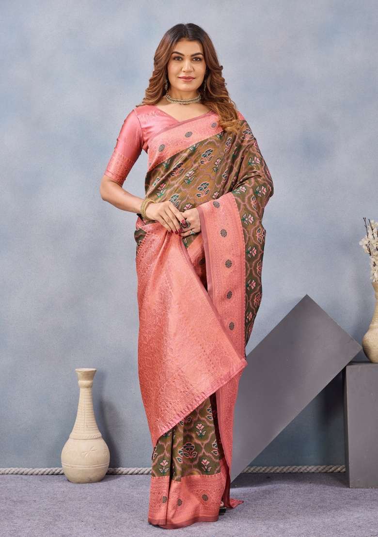 Green And Pink Printed Pashmina Saree Set for Diwali and Festive Wear - Indya