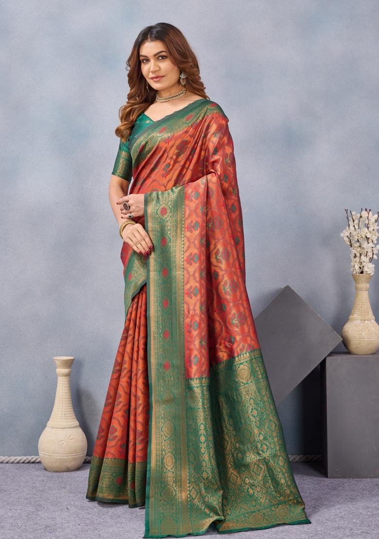 Orange And Green Printed Pashmina Saree Set - Indya