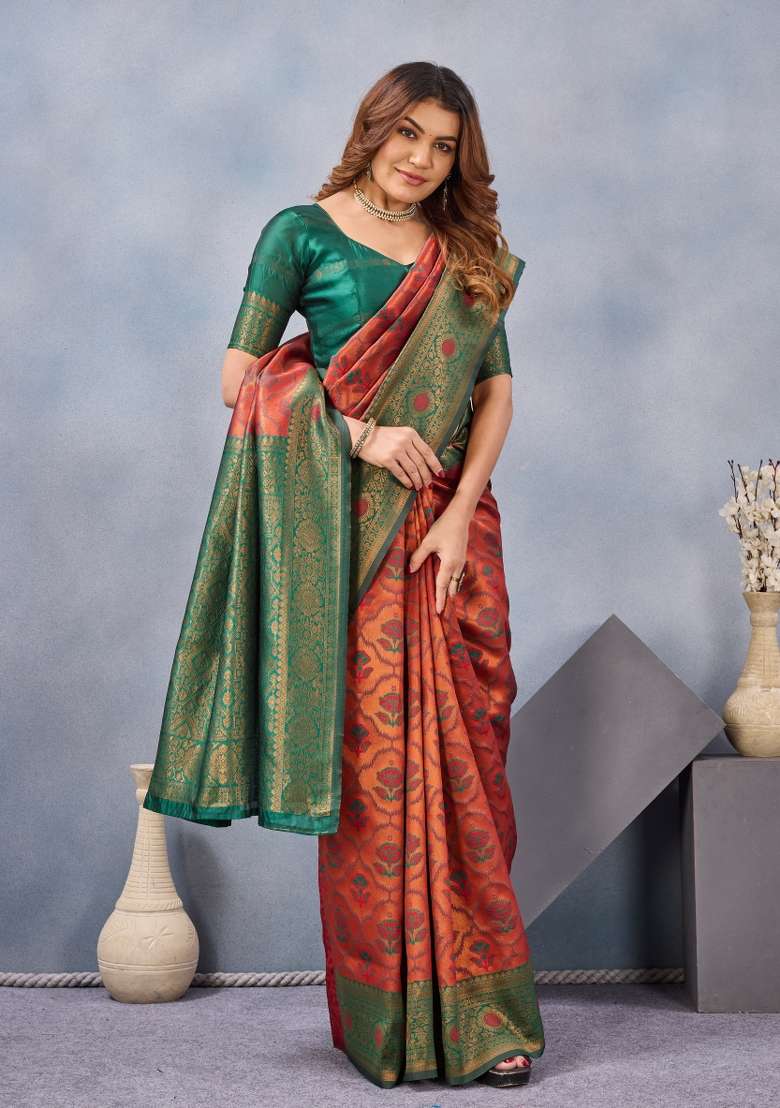 Orange And Green Printed Pashmina Saree Set for Diwali and Festive Wear - Indya