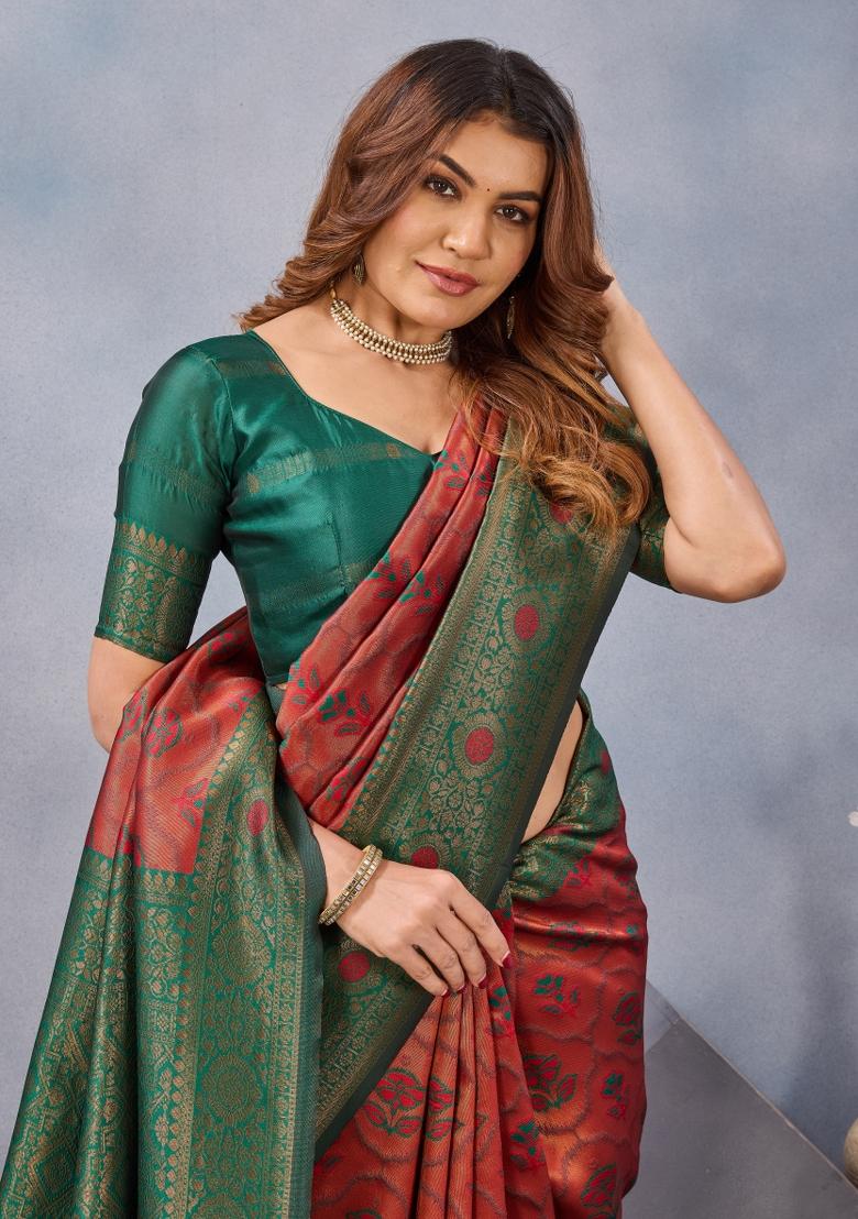 Orange And Green Printed Pashmina Saree Set - Indya