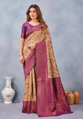 Beige Wine Printed Pashmina Saree Set