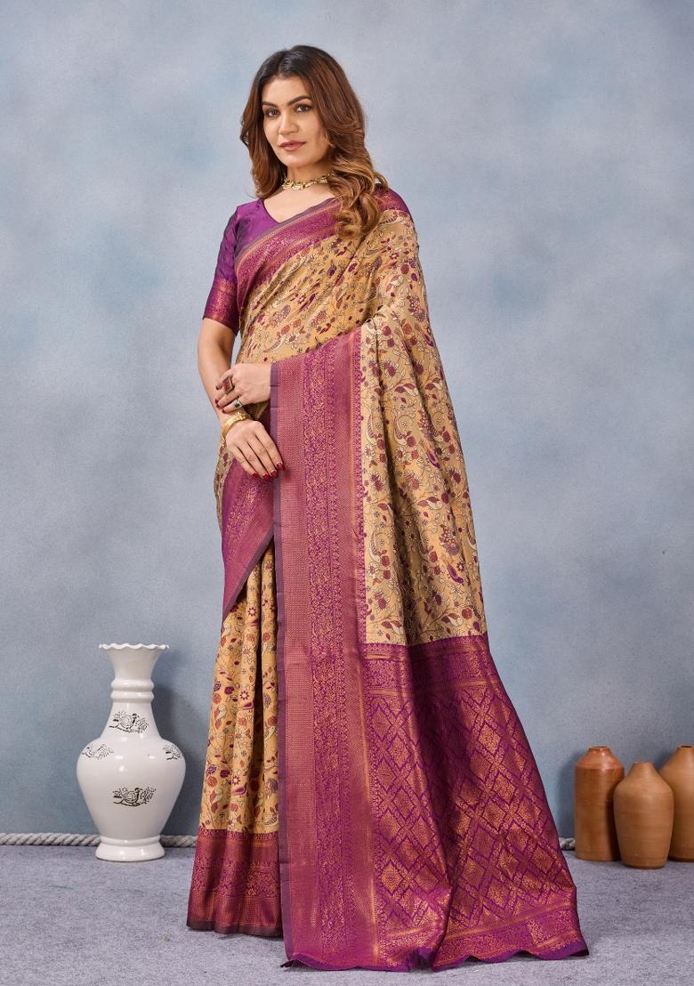 Beige Wine Printed Pashmina Saree Set - Indya
