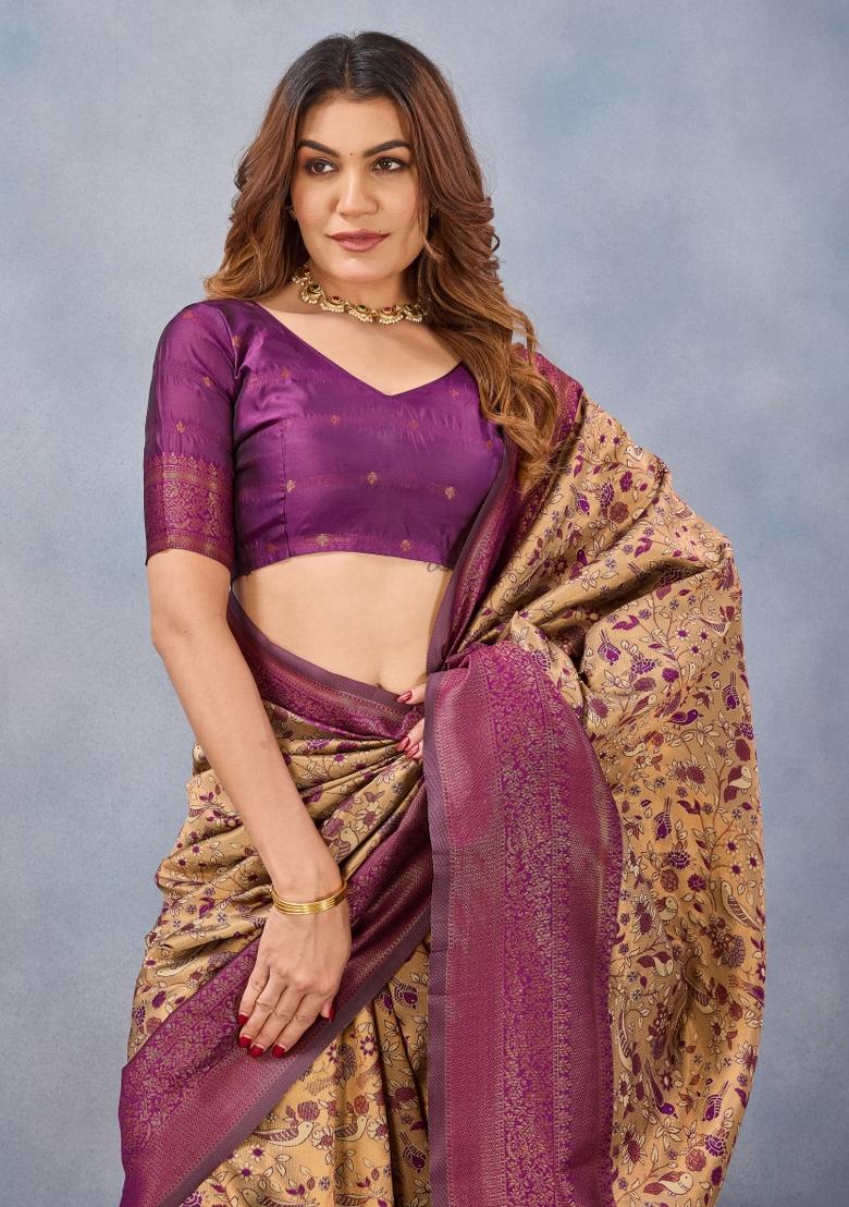 Beige Wine Printed Pashmina Saree Set - Indya