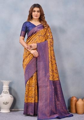 Mustard And Blue Printed Pashmina Saree Set