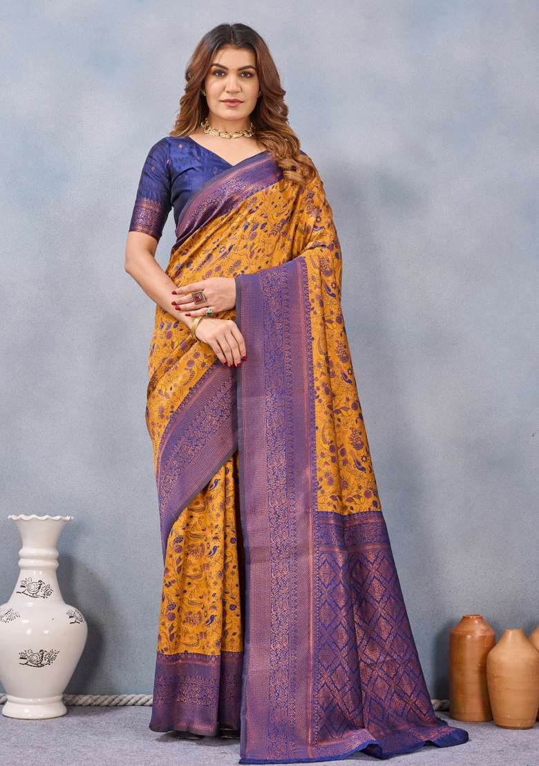 Mustard And Blue Printed Pashmina Saree Set for Diwali and Festive Wear - Indya