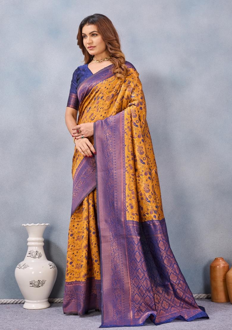 Mustard And Blue Printed Pashmina Saree Set - Indya