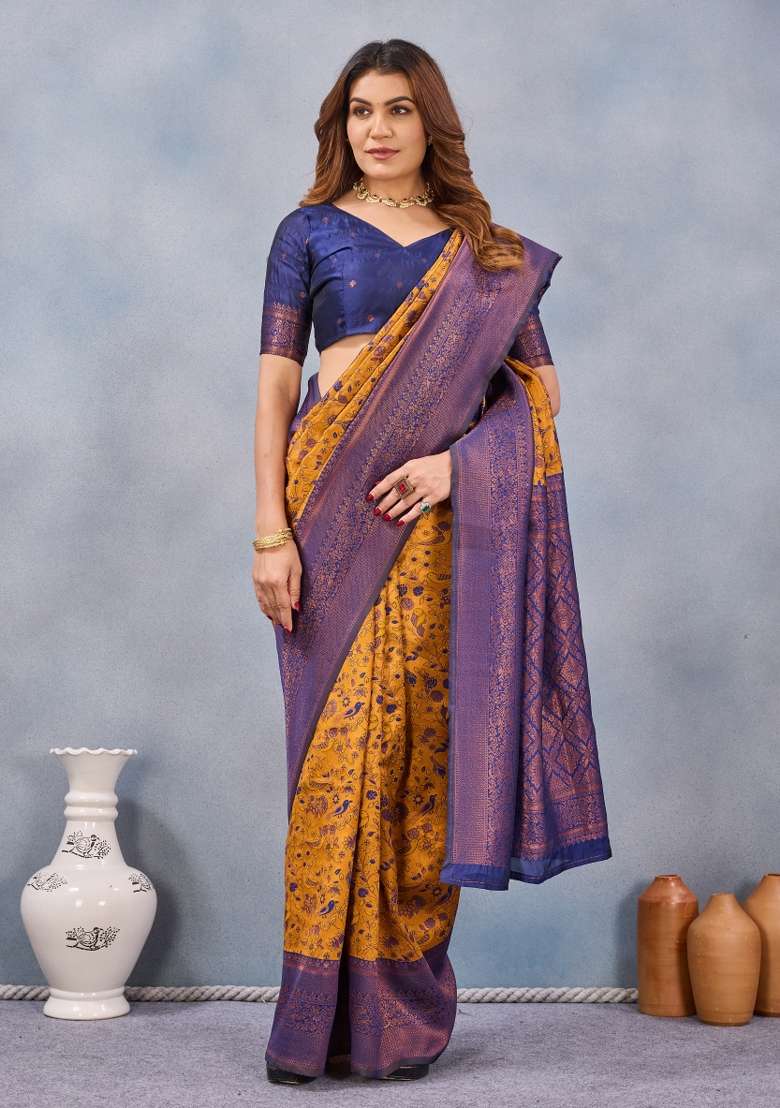 Mustard And Blue Printed Pashmina Saree Set for Diwali and Festive Wear - Indya