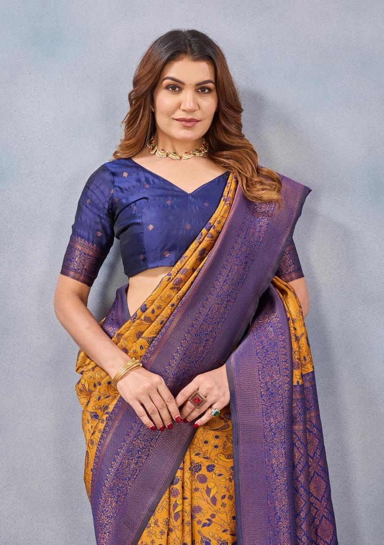 Mustard And Blue Printed Pashmina Saree Set - Indya