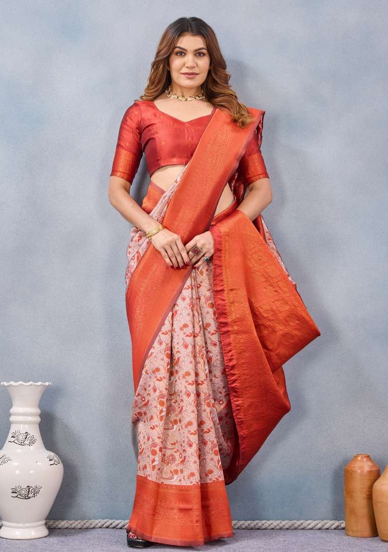 Orange Printed Pashmina Saree Set for Diwali and Festive Wear - Indya