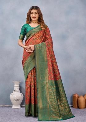 Orange And Green Printed Pashmina Saree Set
