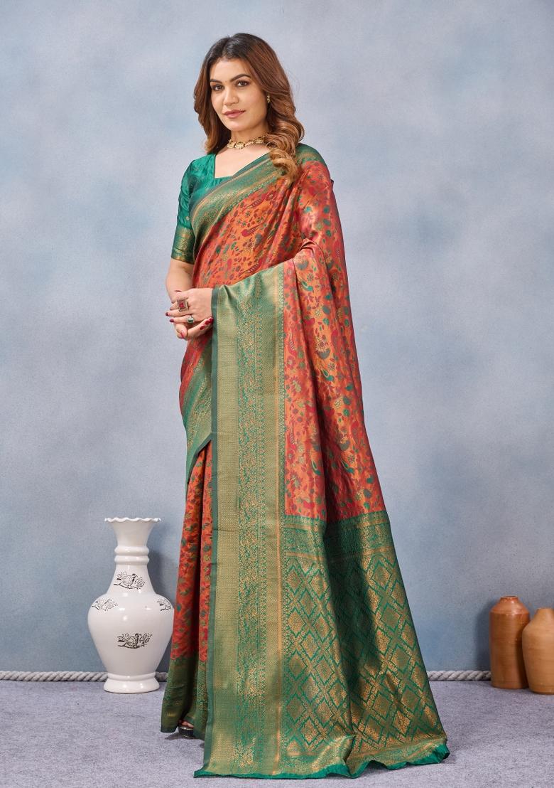 Orange And Green Printed Pashmina Saree Set - Indya