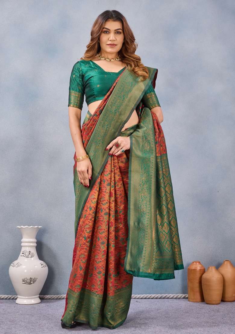 Orange And Green Pashmina Saree Set with Printed for Diwali | Wedding & Festive Wear - Indya