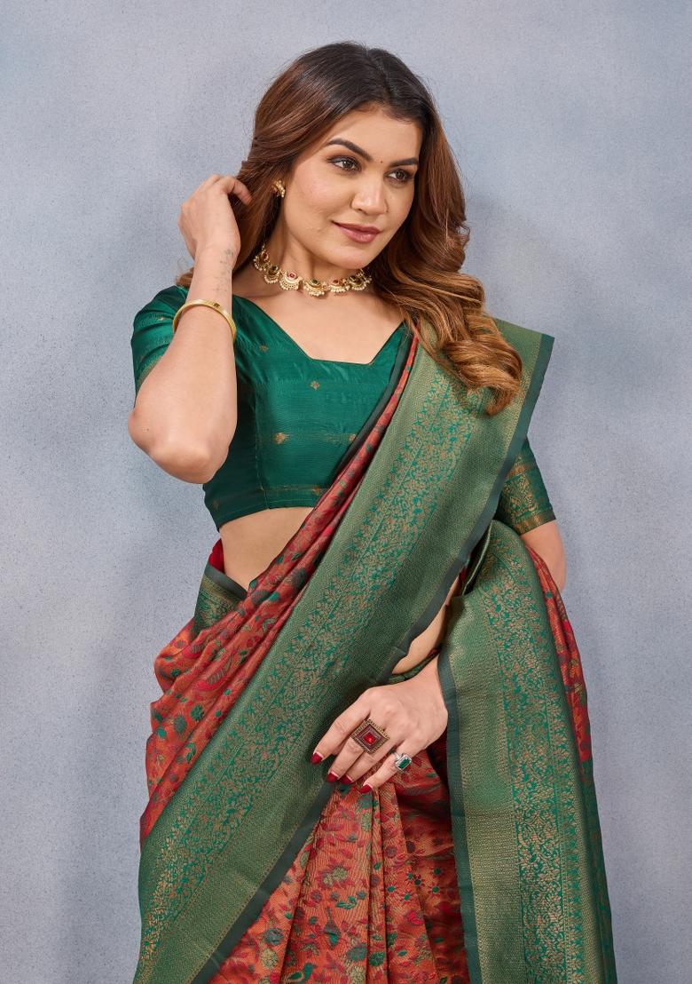 Orange And Green Printed Pashmina Saree Set - Indya