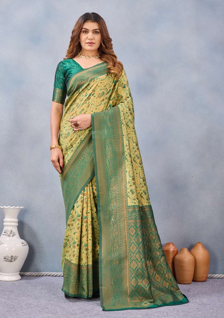 Parrot Green Pashmina Saree Set with Printed for Diwali | Wedding & Festive Wear - Indya