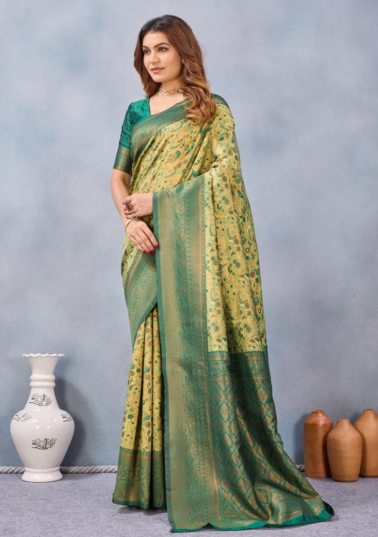 Parrot Green Printed Pashmina Saree Set - Indya