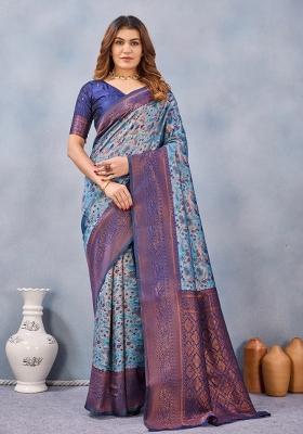 Turquoise Blue Printed Pashmina Saree Set