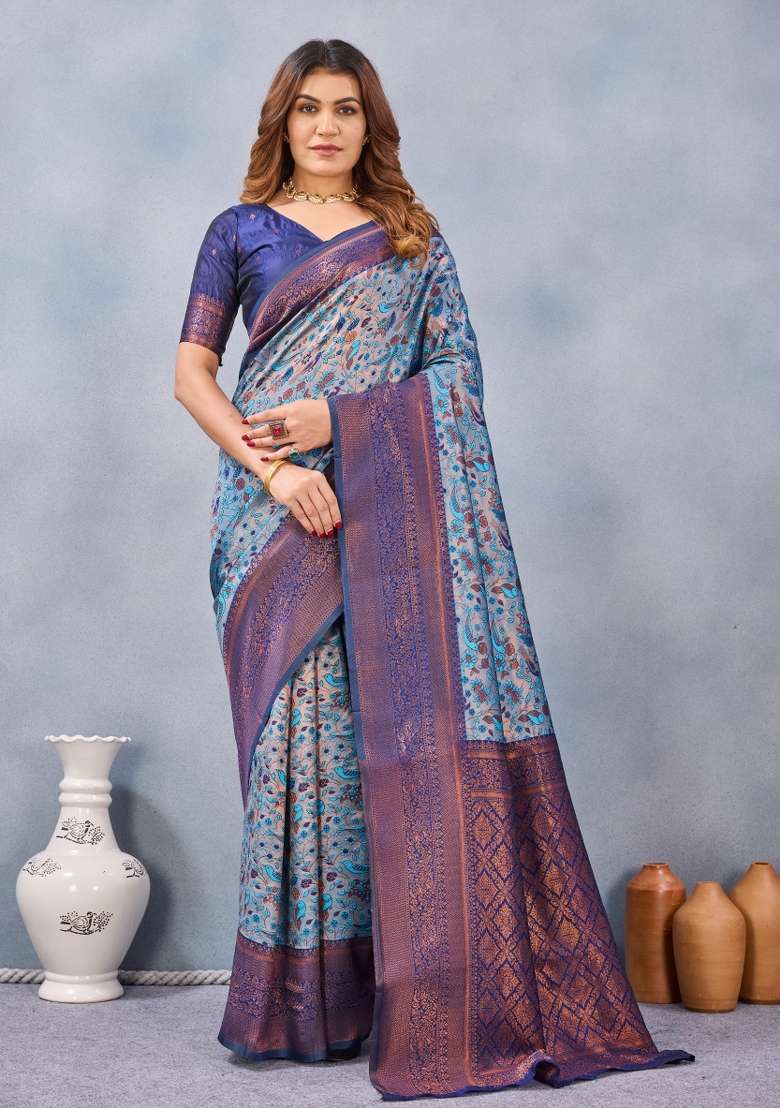 Turquoise Blue Printed Pashmina Saree Set for Diwali and Festive Wear - Indya