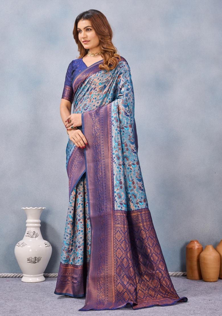 Turquoise Blue Printed Pashmina Saree Set - Indya