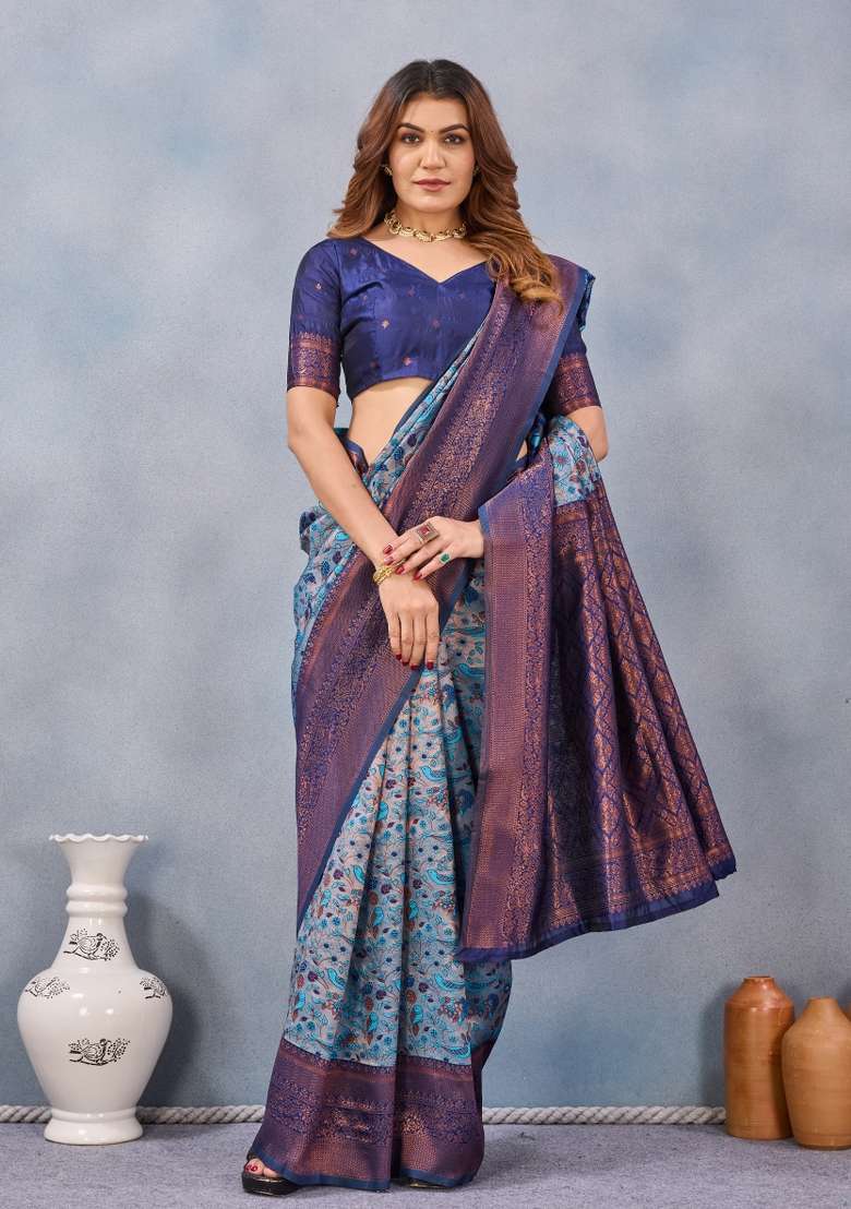 Turquoise Blue Printed Pashmina Saree Set for Diwali and Festive Wear - Indya