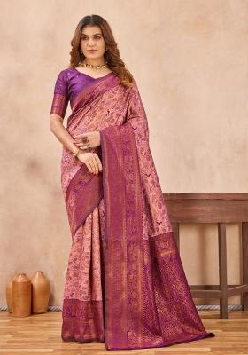 Light Pink And Wine Printed Pashmina Saree Set