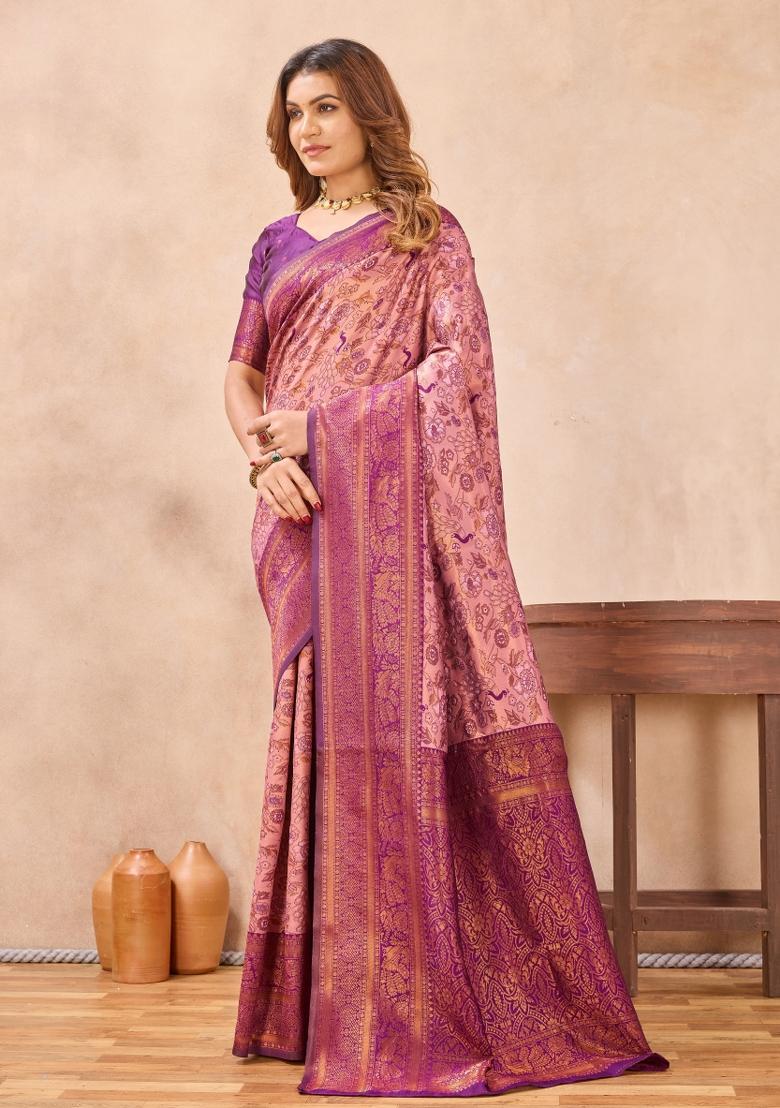 Light Pink And Wine Printed Pashmina Saree Set - Indya