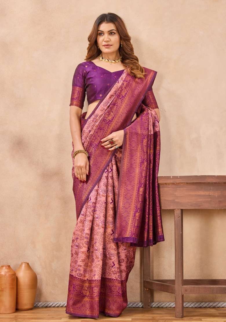 Light Pink And Wine Printed Pashmina Saree Set for Diwali and Festive Wear - Indya