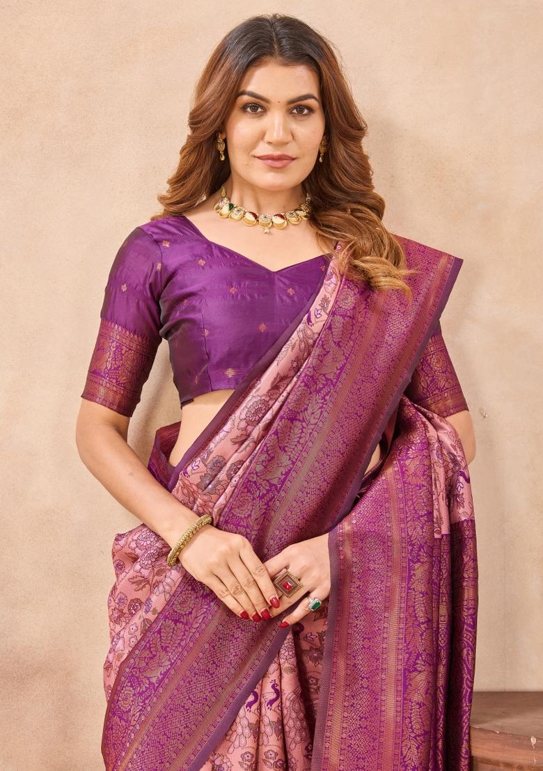 Light Pink And Wine Printed Pashmina Saree Set - Indya