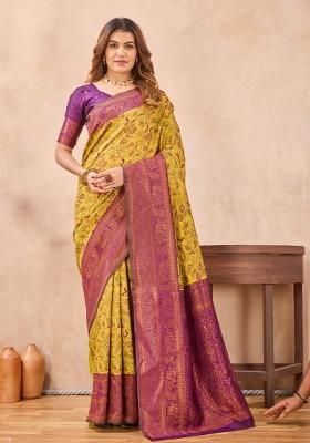 Mustard And Wine Printed Pashmina Saree Set