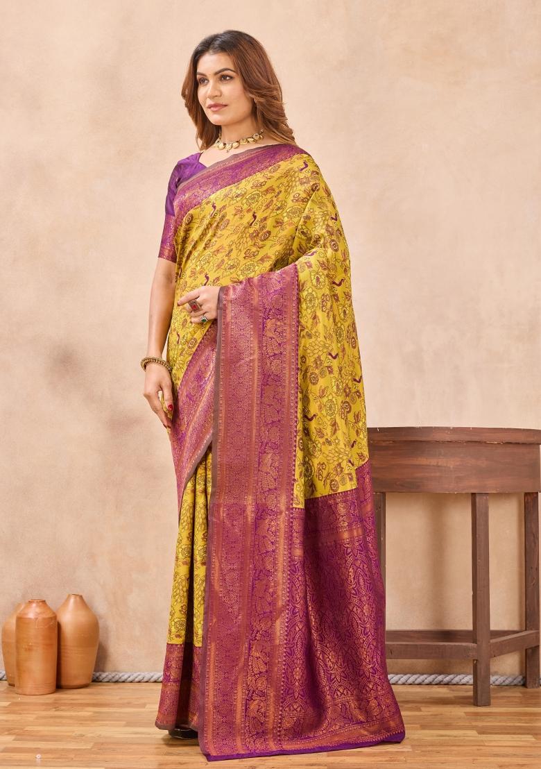 Mustard And Wine Printed Pashmina Saree Set - Indya